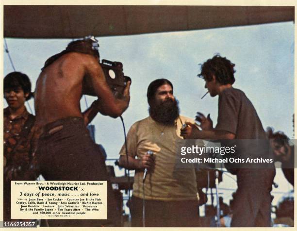 Bob Hite of the band "Canned Heat" gets interviewed at the Woodstock Music Festival on August 16, 1969 in Woodstock, New York.