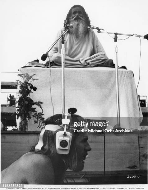 Inidian guru Maharishi Mahesh Yogi at the Woodstock Music Festival on August 16, 1969 in Woodstock, New York.