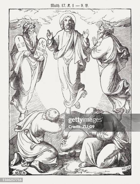 verklärung christi (matthäus 17, 1-9), holzstich, veröffentlicht 1850 - transfiguration of jesus stock-grafiken, -clipart, -cartoons und -symbole