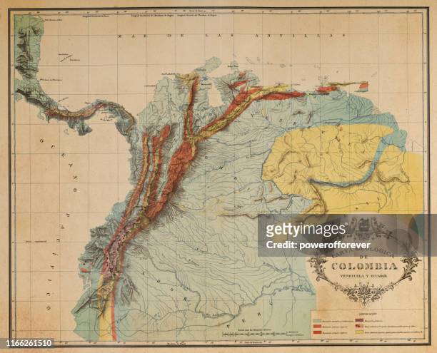antike karte der anden in ecuador, venezuela und kolumbien - 19. jahrhundert - colombia land stock-grafiken, -clipart, -cartoons und -symbole