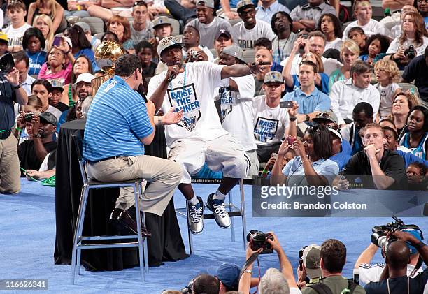 Jason Terry of the Dallas Mavericks participates in a question and answer session during the Mavericks NBA Champion Victory Parade on June 16, 2011...