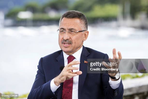 Fuat Oktay, Turkey's vice president, gestures as he speaks during a Bloomberg Television interview on the sidelines at the Ambrosetti Forum in...