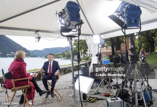 Fuat Oktay, Turkey's vice president, gestures as he speaks during a Bloomberg Television interview on the sidelines at the Ambrosetti Forum in...