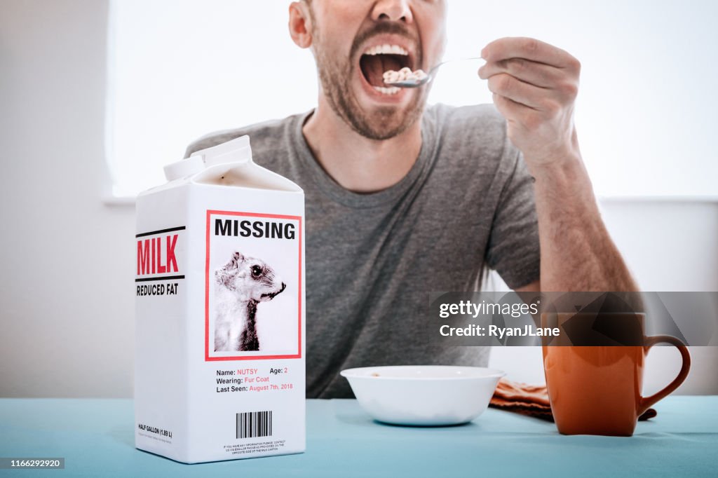 Missing Person Milk Carton With Squirrel While Man Eats Breakfast