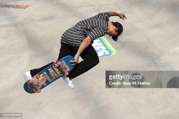 Alex Sorgente competes in the Men's Skateboard Park at the X Games Minneapolis 2019 at U.S. Bank Stadium on August 04, 2019 in Minneapolis, Minnesota.