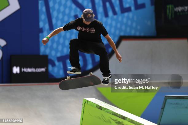 Ryan Decenzo competes in the Men's Skateboard Street Best Trick during the X Games Minneapolis 2019 at U.S. Bank Stadium on August 04, 2019 in...