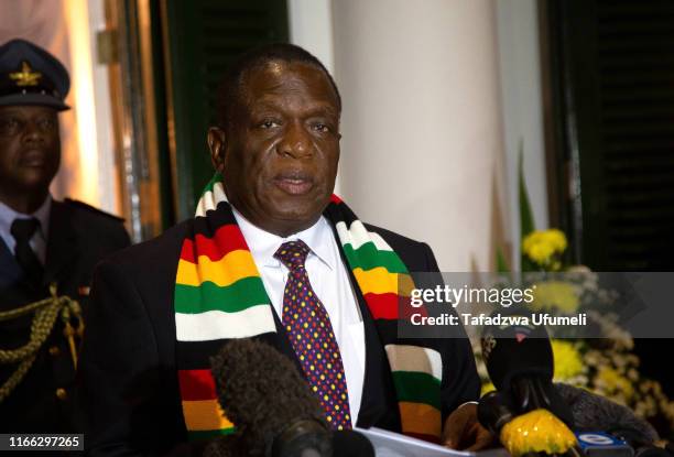 Zimbabwe's president Emmerson Mnangagwa holds a press conference at State House on September 6, 2019 in Harare, Zimbabwe. The current President of...