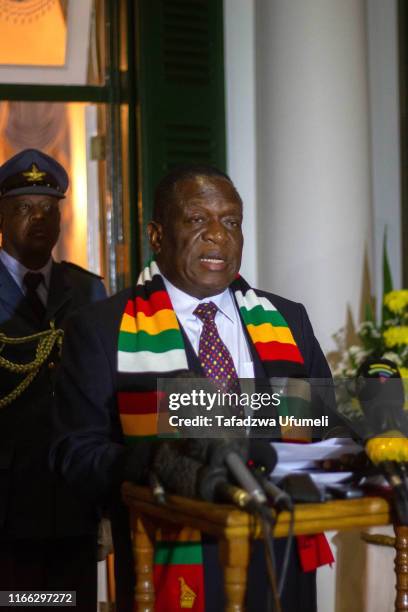 Zimbabwe's president Emmerson Mnangagwa holds a press conference at State House:on September 6, 2019 in Harare, Zimbabwe. The current President of...