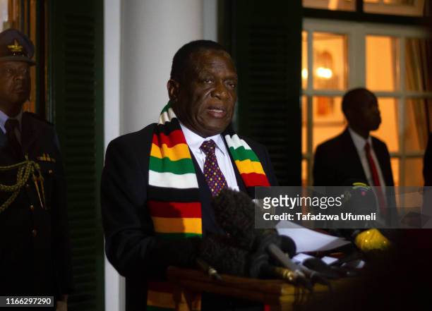 Zimbabwe's president Emmerson Mnangagwa holds a press conference at State House:on September 6, 2019 in Harare, Zimbabwe. The current President of...