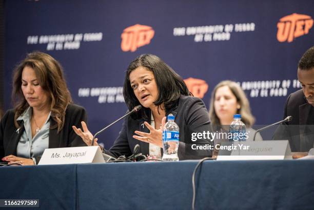 Rep. Pramila Jayapal asks questions to a panel of experts about immigration and domestic terrorism at the University of Texas at El Paso on September...