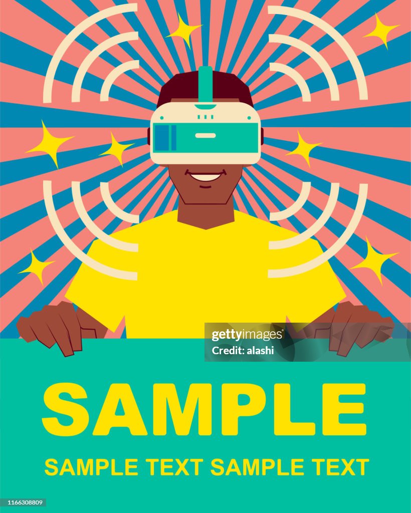 Smiling African ethnicity boy wearing Virtual reality glasses (VR interface) and holding blank sign