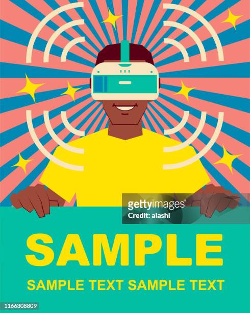 smiling african ethnicity boy wearing virtual reality glasses (vr interface) and holding blank sign - virtual reality stock illustrations