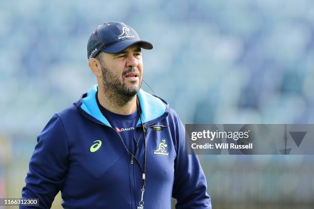 Michael Cheika, coach of the Wallabies looks on during a Wallabies training session on August 06, 2019 in Perth, Australia.