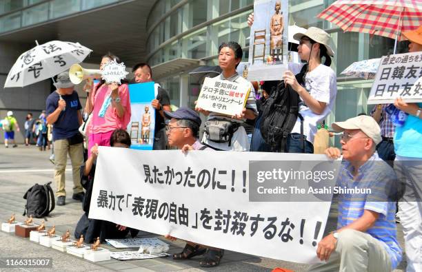 People protest against the cancellation of the "After 'Freedom of Expression?'" at the Aichi Triennale on August 4, 2019 in Nagoya, Aichi, Japan. The...