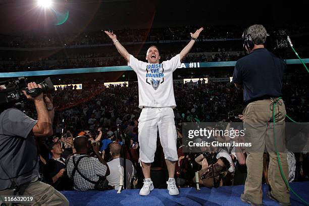 Jose Juan Barea of the Dallas Mavericks is introduced to the crowd during the Mavericks NBA Champion Victory Parade on June 16, 2011 at the American...