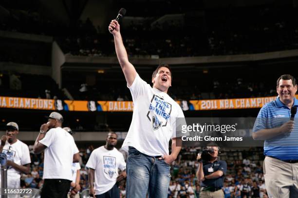 Mark Cuban, owner of the Dallas Mavericks speaks to the crowd during the Mavericks NBA Champion Victory Parade on June 16, 2011 at the American...