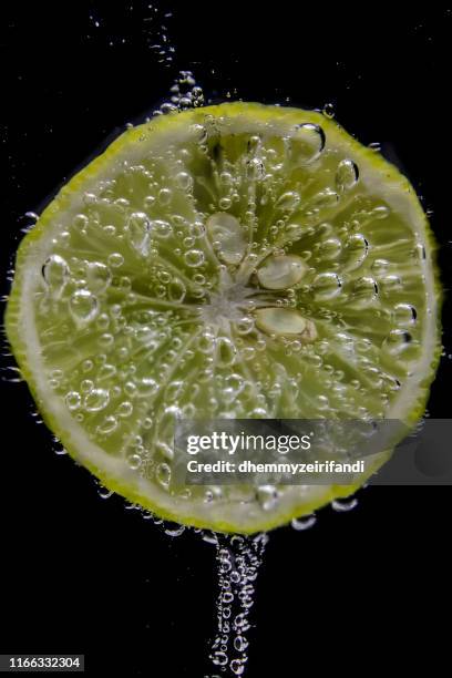 close-up of a slice of lemon in soda water - lemon soda fotografías e imágenes de stock