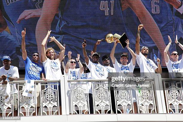 The Dallas Mavericks greet their fans during the Mavericks NBA Champion Victory Parade on June 16, 2011 at the American Airlines Center in Dallas,...