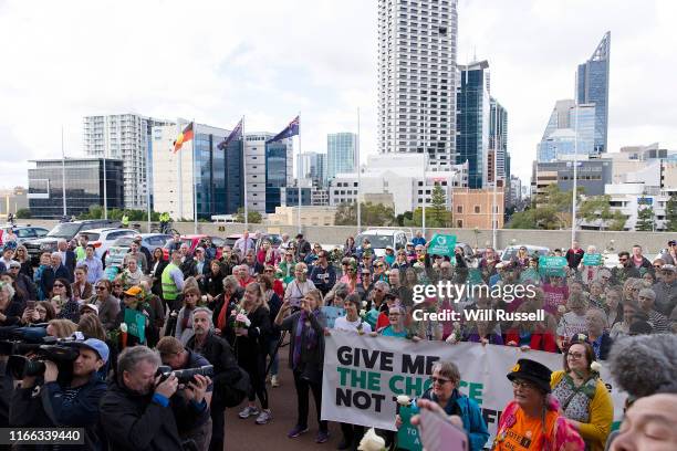 The amassed crowd can be seen as Belinda Teh speaks on the steps of the WA Parliament with Euthanasia advocates on August 06, 2019 in Perth,...