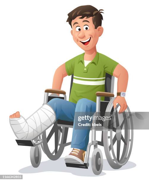 young man with broken leg in wheelchair - cast stock illustrations