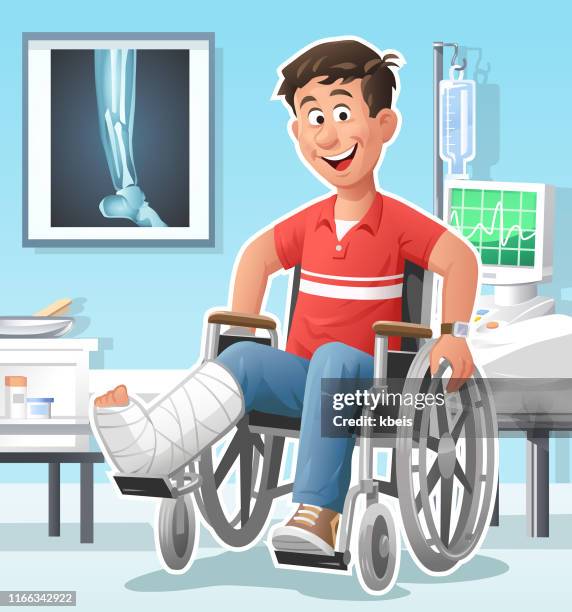 junger mann mit gebrochenem bein im krankenhaus - knochenbruch stock-grafiken, -clipart, -cartoons und -symbole