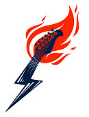 Electric guitar headstock on fire in a shape of lightning, hot rock music guitar in flames and bolt, Hard Rock or Rock and Roll concert or festival label, night club live show, vector.