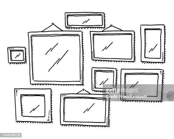 group of empty picture frames drawing - exhibition stock illustrations