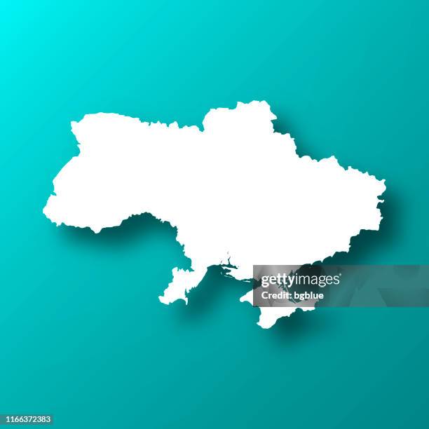 ukraine-karte auf blau-grünem hintergrund mit schatten - ukraine stock-grafiken, -clipart, -cartoons und -symbole