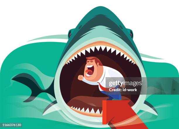 big shark going to eat screaming man - mouth open stock illustrations