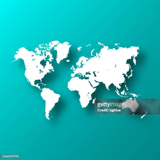 world map on blue green background with shadow - 3d french stock illustrations