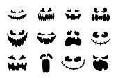 Halloween monster jack lantern pumpkin carved glowing scary face set on white background. Holiday cartoon character collection for celebration design. Vector spooky illustration