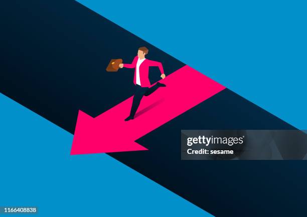 roter pfeil hilft geschäftsmann, die gully zu überqueren - tal stock-grafiken, -clipart, -cartoons und -symbole