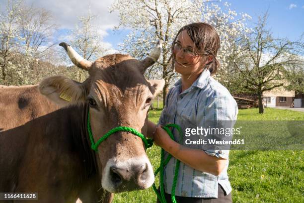 smiling farmer with a cow on pasture - bäuerin stock-fotos und bilder
