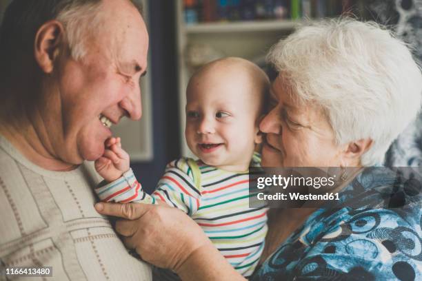 happy grandparents holding their baby grandson - baby grandpa imagens e fotografias de stock