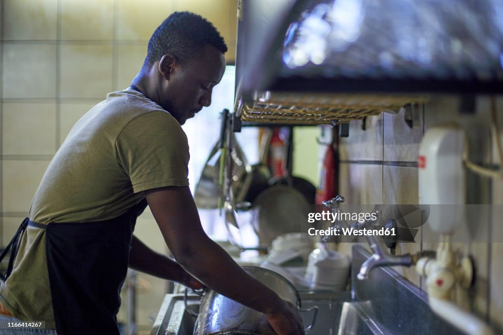 Young man washing dishes in restaurant kitchen, South Africa