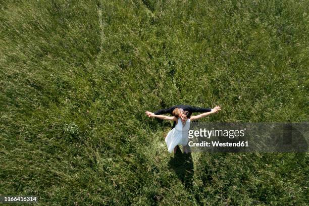 aerial view of pregnant bride with her husband on a meadow - bride dress photos et images de collection