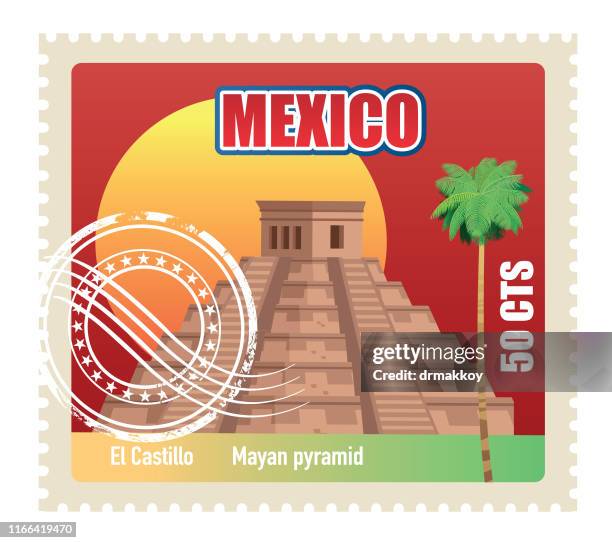 el castillo stamp, mayan pyramid - mayan ruins stock illustrations