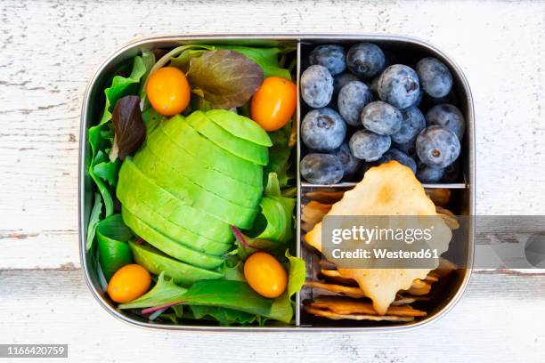 lunchbox with salad, avocado and yellow tomatoes, crackers and blueberries - rostfritt stål bildbanksfoton och bilder