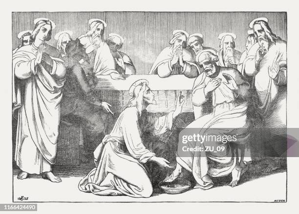 jesus washes his disciples’ feet (john 13,1-20), woodcut, published 1850 - humble stock illustrations
