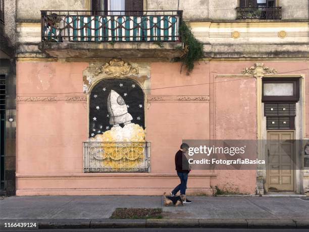 man walking his dog in the street - buenos aires art stock pictures, royalty-free photos & images