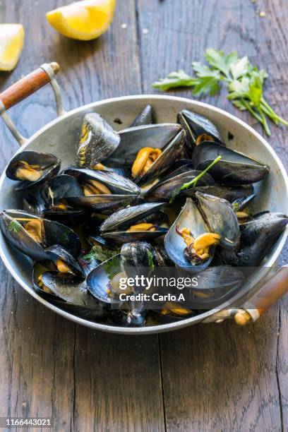 cooked mussels in a pan - mussel - fotografias e filmes do acervo