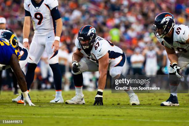 Denver Broncos offensive tackle Don Barclay during an NFL preseason football game against the Los Angeles Rams on August 24, 2019 at the Los Angeles...