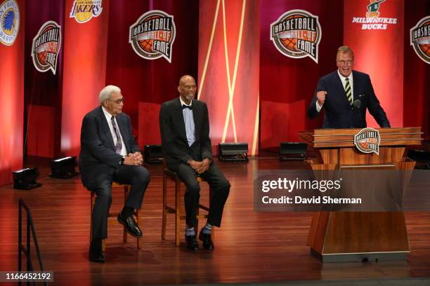 Hall of Fame Inductee Jack Sikma Speaks during the 2019 Basketball Hall of Fame Enshrinement Ceremony on September 6, 2019 at Symphony Hall in...