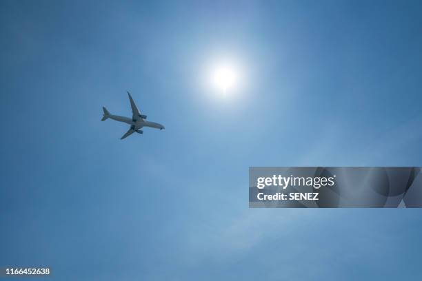 directly below shot of airplane flying in sky - airplane clear sky stock pictures, royalty-free photos & images