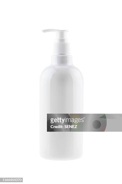 white plastic bottle against white background - shampoo bottle white background stock-fotos und bilder