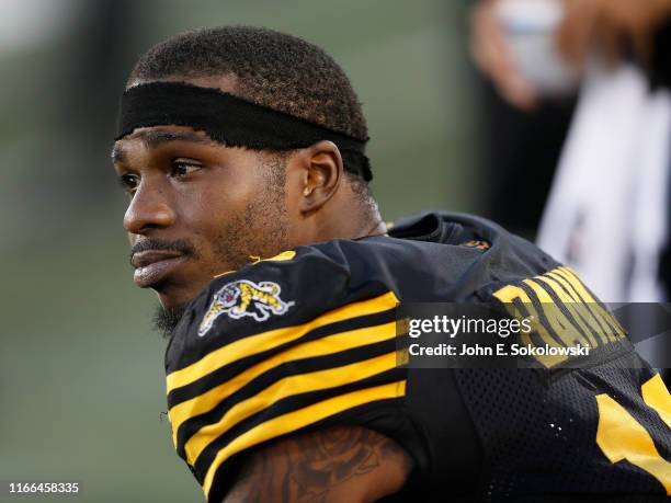 Brandon Banks of the Hamilton Tiger-Cats on the sidelines during a game against the Winnipeg Blue Bombers at Tim Hortons Field on July 26, 2019 in...
