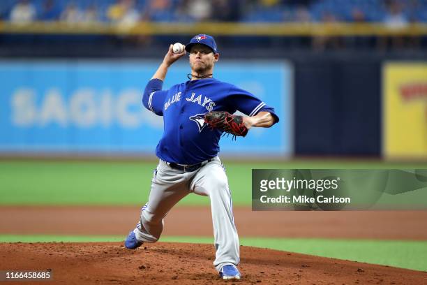 Clay Buchholz of the Toronto Blue Jays pitches during the game between the Toronto Blue Jays and the Tampa Bay Rays at Tropicana Field on Friday,...