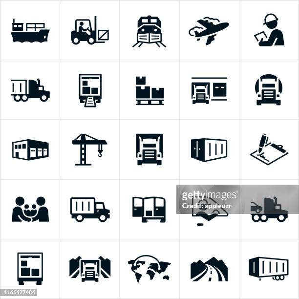 illustrazioni stock, clip art, cartoni animati e icone di tendenza di icone trasporto merci - mezzo di trasporto
