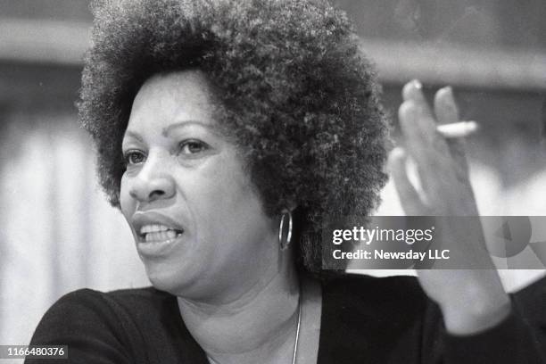 Author Toni Morrison speaks at a Newsday book and author luncheon at the Huntington Town House in Huntington, New York on October 18, 1977.