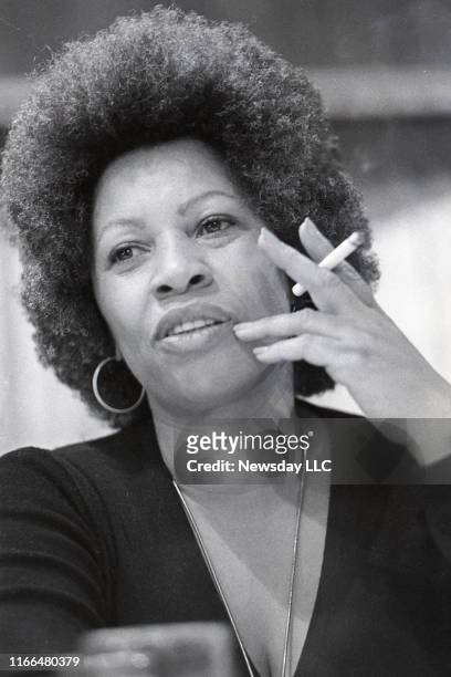 Author Toni Morrison speaks at a Newsday book and author luncheon at the Huntington Town House in Huntington, New York on October 18, 1977.
